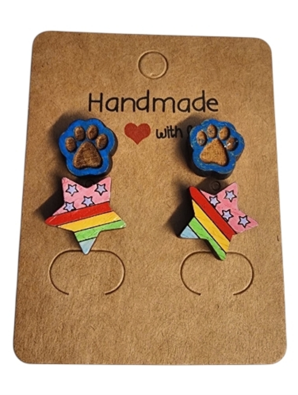 Pawprint Rainbow Spark Wood Stud Earrings - 2 Pair